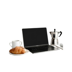 Laptop, Coffee, Croissant, and Moka Pot The Perfect Work-From-Home Breakfast Setup
