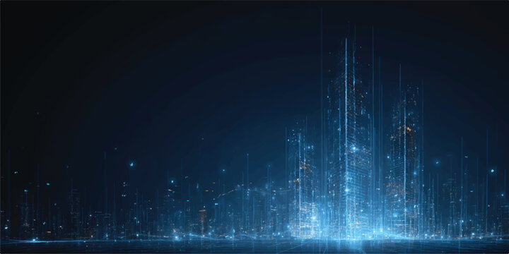 Futuristic digital city with glowing blue lights and intricate network connections creating a modern cityscape illustration