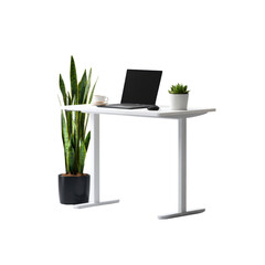 Modern White Standing Desk with Laptop, Plants, and Coffee Cup - Minimalist Home Office Setup