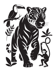 Tiger Silhouette with Parrot and Monkey Vector, Exotic Jungle Animal Clipart Set for Tropical Nature, Tattoo and Wildlife Design