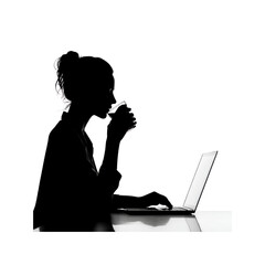 Silhouetted Woman Working on Laptop at Night, Drinking Coffee