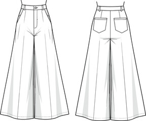 Wide leg high waist pants fashion technical sketch, front and back view, garment flat drawing, vector illustration for design