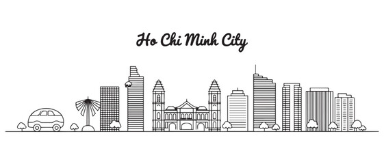Fototapeta premium Ho Chi Minh City Line Art skyline. Landscape Ho Chi Minh City, Vietnam. Vector illustration. with white background