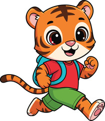 Cartoon tiger walking with backpack in school outfit, cheerful character for children’s education, adventure, learning and classroom vector illustration