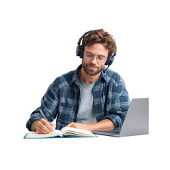 Focused Young Man with Headphones Taking Notes on Laptop, Online Learning, Working from Home