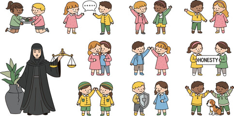 Children demonstrating moral values like honesty, sharing, justice, and friendship in cartoon vector illustration for social education and character development