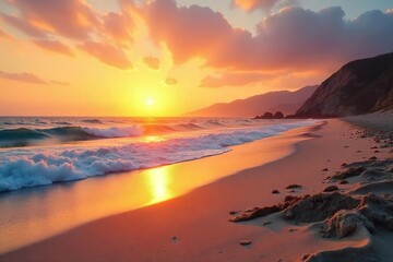 Fototapeta premium Golden California sunset over a pristine beach, waves gently lapping the shore Sandcastles dot the beach, shells scattered nearby Perfect summer scene , vacation, beach, sunny