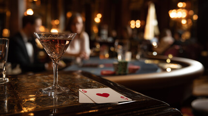 Playing Card and Martini Glass in Casino Atmosphere