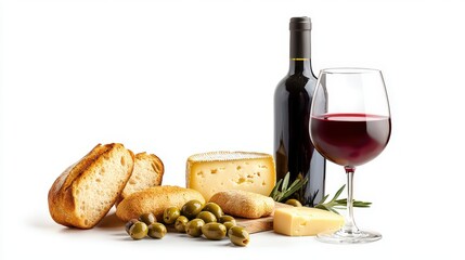 Naklejka premium Fresh bread cheese olives wine glass bottle gourmet food table setting culinary casual appetizer snack drink arrangement