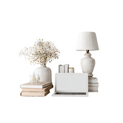 Serene White Home Office Workspace with Laptop, Flowers, and Books
