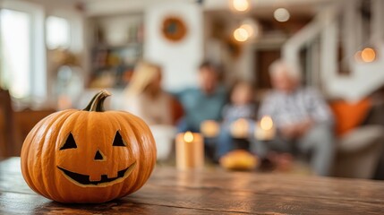 A jack o lantern on a wooden table with family in the background celebrating halloween together indoors
