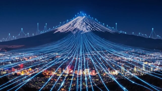Futuristic mountain with data streams connecting city lights, representing technological innovation and progress