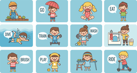 Children performing daily activities with action words like eat, play, brush, ride, dive in educational cartoon vector illustration set