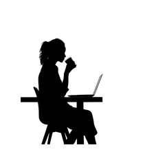 Silhouette of Woman Working on Laptop and Drinking Coffee