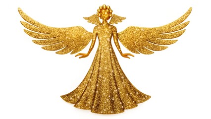 Fototapeta premium A glittering golden angel figurine with outstretched wings, isolated on a white background