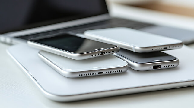 Stack of Modern Smartphones on a Laptop