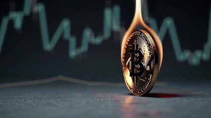 Gold bitcoin spinning on edge while burning, symbolizing financial volatility and market uncertainty against blurred stock market chart background - Powered by Adobe