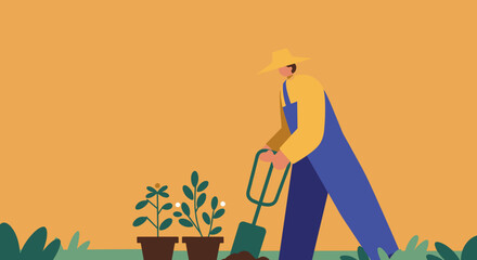 A dedicated gardener in a hat and overalls digs soil next to potted plants, symbolizing growth, hobby, and sustainable living.