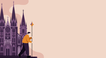 Man holding a staff walks past a grand gothic cathedral with spires, symbolizing a spiritual journey or pilgrimage, exploring faith and historical architecture.