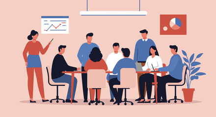 Diverse business team collaborating in a modern office meeting, discussing data and strategy for growth. Ideal for corporate communication and teamwork concepts.