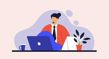 Dedicated professional working on a laptop at a contemporary desk. Perfect for illustrating remote work, business productivity, or online solutions.