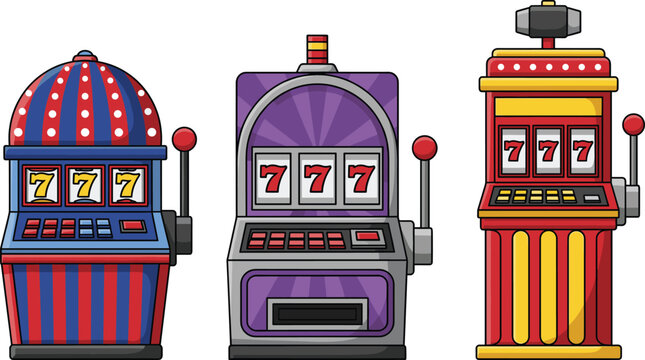 Colorful slot machines with winning 777 jackpot combination, casino gambling vector illustration, lucky symbols for gaming and entertainment design
