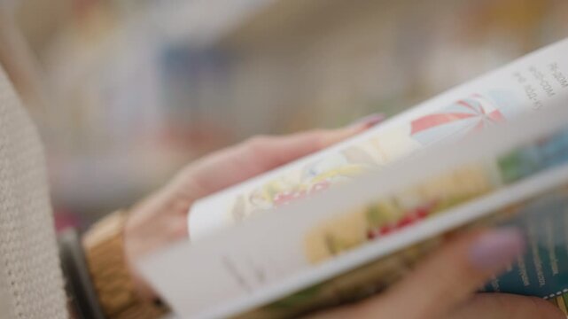 close up of expectant mother hand holding illustrated children textbook with colorful drawings and text pages in retail store aisle while browsing selection against blurred background