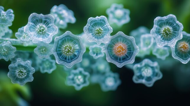 Enormous crystalline virus structures lie dormant within emerald algae, their geometry suggesting hidden power.