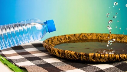Water bottle over a woven tray