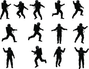 Astronaut silhouette vector set, space explorer poses, cosmic figure illustrations, black space suit icons, astronaut walking and floating design