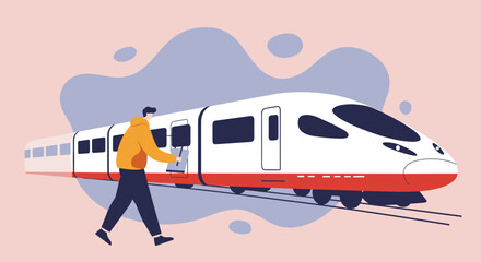 Traveler with laptop walking alongside a modern high-speed train, symbolizing efficient business travel, remote work, and contemporary urban mobility.