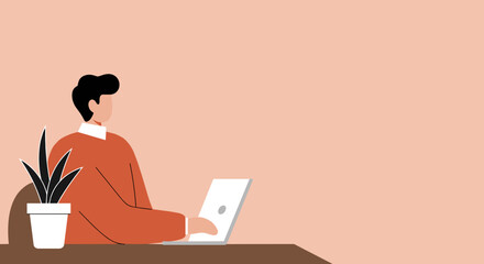 Man working diligently on a laptop at a modern desk with a plant. Ideal for themes of remote work, productivity, freelance, or online education.