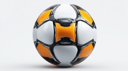 colorful soccer ball with classic black and white pentagon pattern and vibrant orange accents on a white background