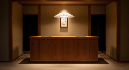 Traditional Japanese Reception Area Wooden Counter Warm Lighting Minimalist Interior