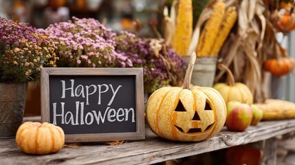 Autumn still life with "Happy Halloween" sign, pumpkins, corn, and purple flowers