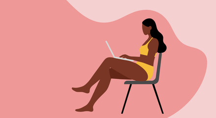 Confident woman in a swimsuit works remotely on her laptop. Illustrates digital nomad lifestyle, flexible work, and modern connectivity.