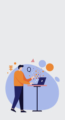 Man actively working on a laptop, surrounded by vibrant abstract elements representing creativity, data, and digital innovation. Ideal for technology, business, or education concepts.