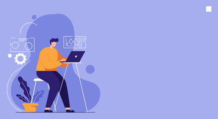 A person working diligently on a laptop in a modern flat design illustration, ideal for concepts of remote work, online education, or digital business productivity.