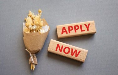 Apply now symbol. Concept word Apply now on wooden blocks. Beautiful grey background with bouquet of flowers. Business and Apply now concept. Copy space