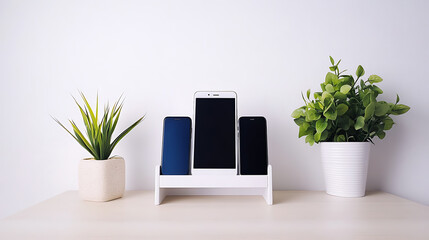 Three smartphones displayed on a stand between two potted plants on a desk