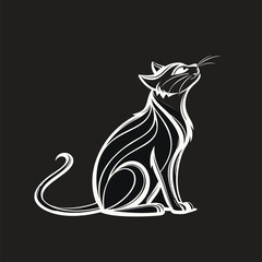 Elegant stylized cat silhouette, a line art logo design isolated on a black background