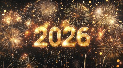 Golden numerals 2026 illuminated against a backdrop of dazzling fireworks, celebrating the arrival of the new year with joy and festivity
