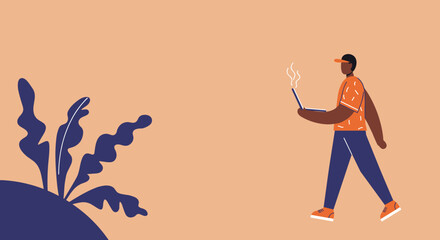 Person walks with an overheating laptop, symbolizing technology issues, digital overload, or work-related stress. Useful for business, tech, or modern lifestyle themes.