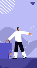 Modern illustration of a man holding a large bag, ready for travel, business, or a new journey. Ideal for concepts of professional mobility, lifestyle, and relocation.