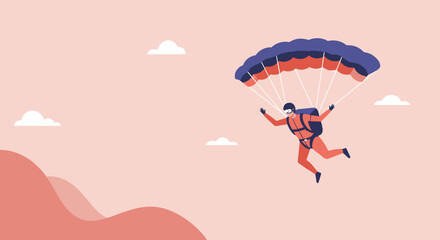 Skydiver descending with a colorful parachute against a serene sky and clouds. Represents adventure, freedom, extreme sports, and thrilling lifestyle.
