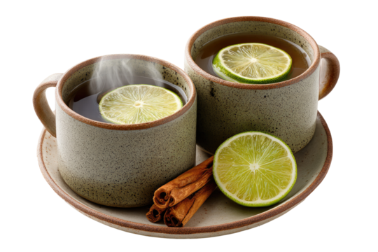 Two cups of tea with limes and cinnamon