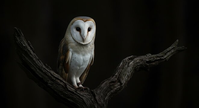 Elegant barn owl perched on weathered branch against a stark black background creating a