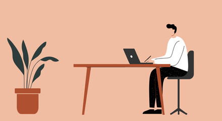 Focused person working remotely on a laptop and graphic tablet at a minimalist desk with a plant, embodying productivity and modern work-life balance.