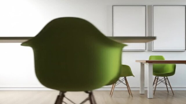 Modern dining room scene with empty art frames and lime green chairs.