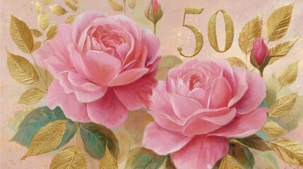 elegant 50th birthday card design featuring pink roses and golden accents